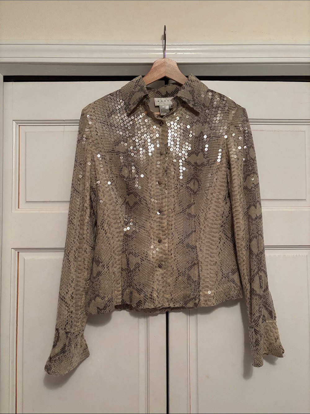 Sequin Snake-Print Button-Up Shirt Jacket - Beige